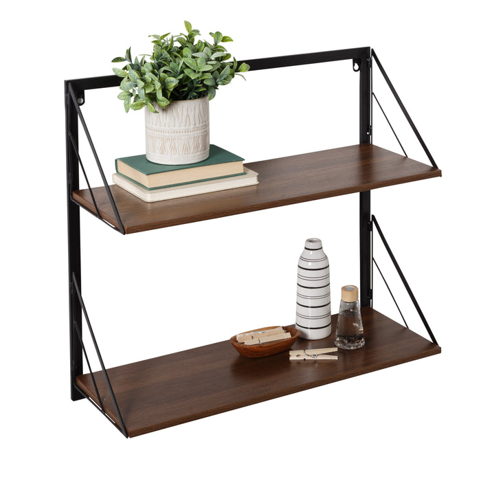 Honey Can Do Black/Walnut Modern 2-Tier Wall Shelf With Easy To Hang Design