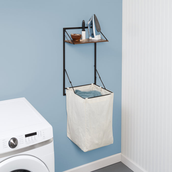 Honey Can Do Black/Walnut Over-the-Door Or Wall-Mount Folding Hamper With Shelf