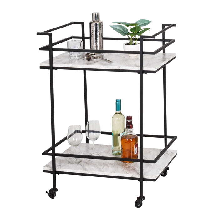 honey can do Black/White Faux Marble 2-Tier Bar and Serving Cart