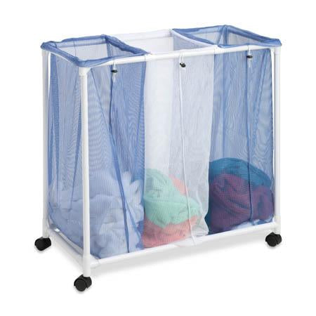 honey can do Blue/White Mesh 3-Bin Rolling Laundry Sorter