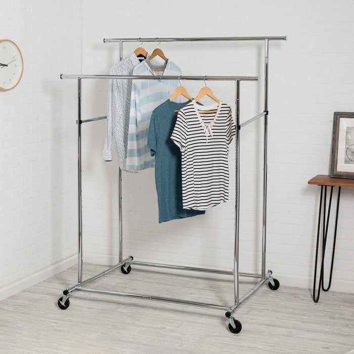 Honey Can Do Chrome Dual Bar Adjustable Rolling Clothes Rack