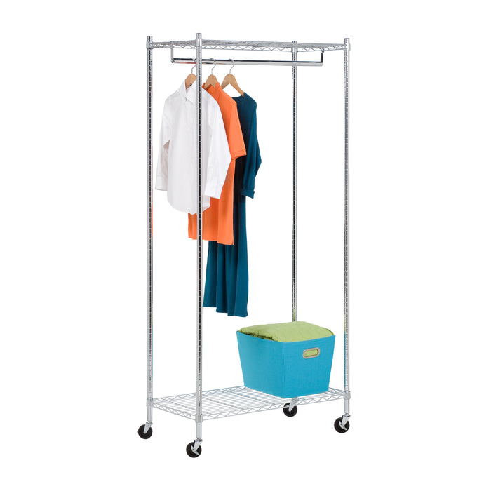 honey can do Chrome Heavy-Duty Rolling Clothes Rack with 2 Shelves