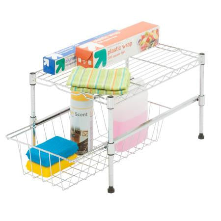 honey can do Chrome Large Cabinet Organizer with Basket and Adjustable Shelf