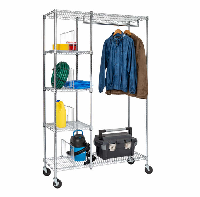 honey can do Chrome Rolling Closet with Garment Bar and Shelves