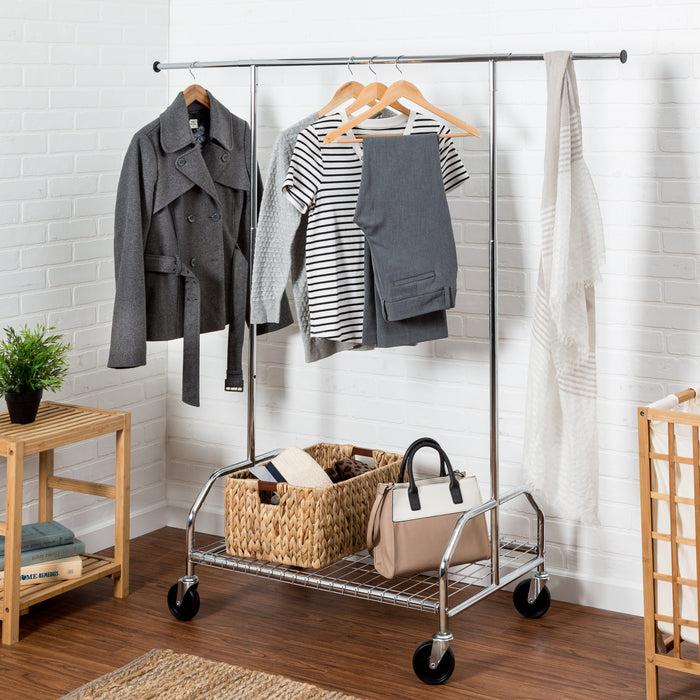 Honey Can Do Chrome Rolling Clothes Rack With Adjustable Bar And Shelf