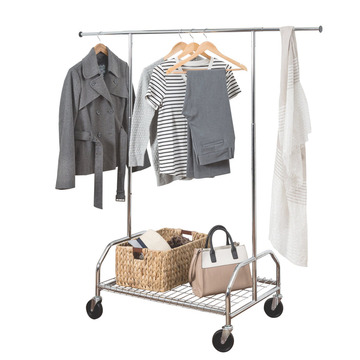 honey can do Chrome Rolling Clothes Rack with Adjustable Bar and Shelf