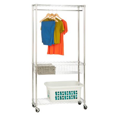 honey can do Chrome Rolling Laundry Station with Hanging Bar Basket and Shelves