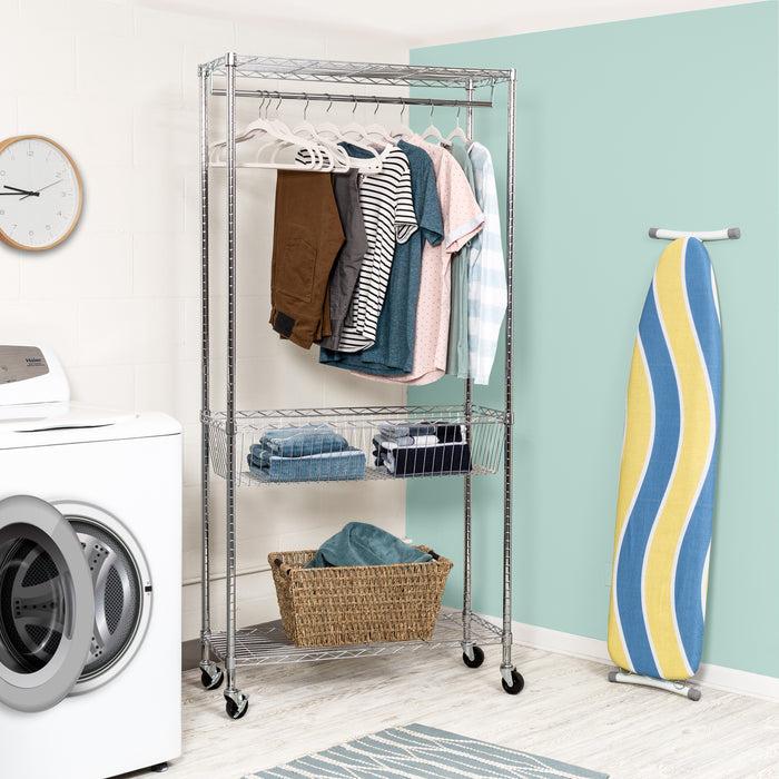 Honey Can Do Chrome Rolling Laundry Station With Hanging Bar Basket And Shelves