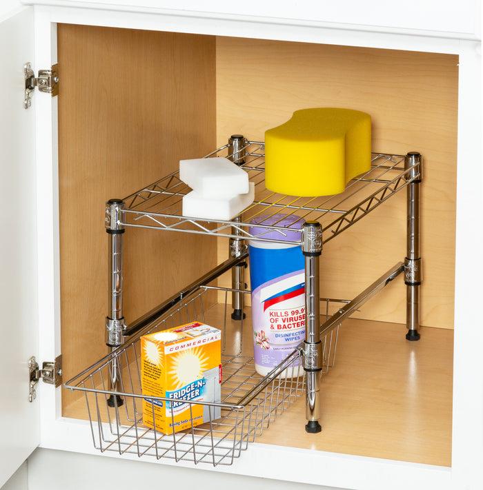 Honey Can Do Chrome Small Cabinet Organizer With Basket And Adjustable Shelf