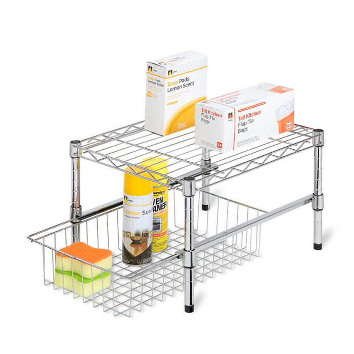 Honey Can Do Chrome Small Cabinet Organizer With Basket And Adjustable Shelf