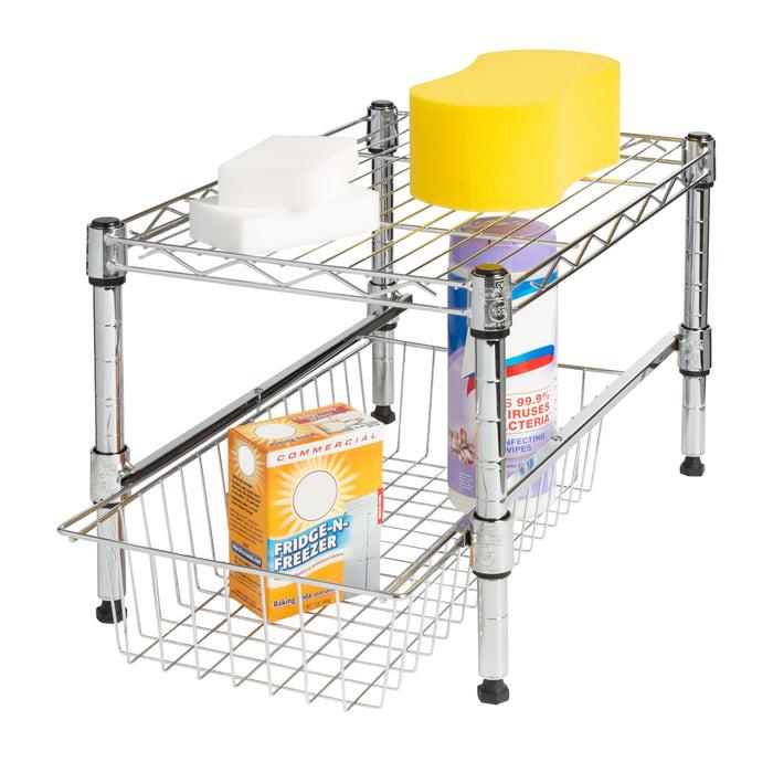 honey can do Chrome Small Cabinet Organizer With Basket and Adjustable Shelf