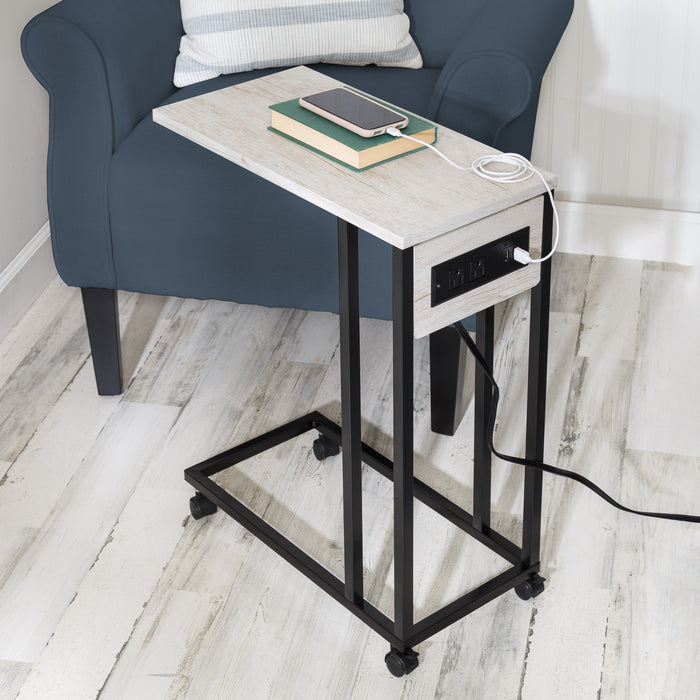 Honey Can Do Gray/Black C-Shaped Side Table With Outlets And Wheels