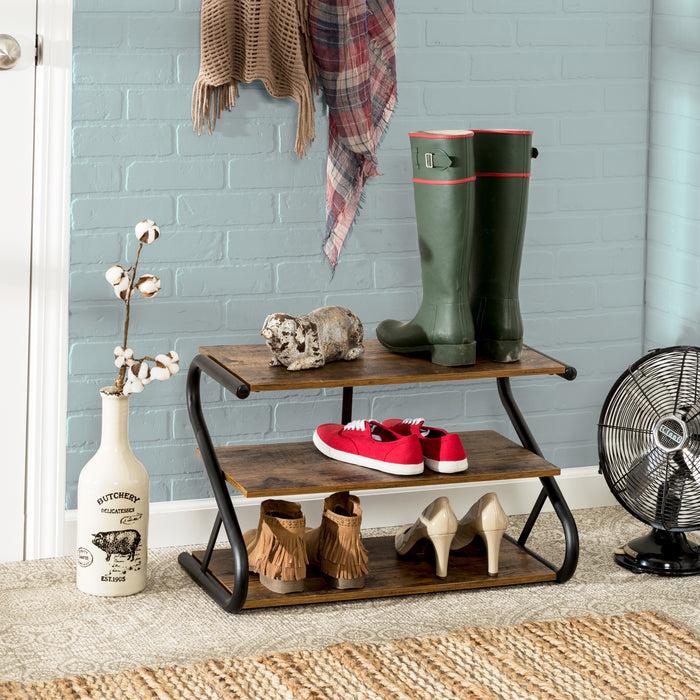 Honey Can Do Matte Black/Rustic Wood 3-Tier Z-Frame Shoe Rack