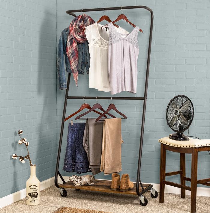 Honey Can Do Matte Black/Rustic Wood Z-Frame Double Bar Rolling Clothes Rack
