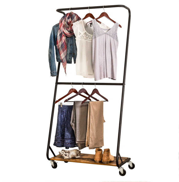 honey can do Matte Black/Rustic Wood Z-Frame Double Bar Rolling Clothes Rack