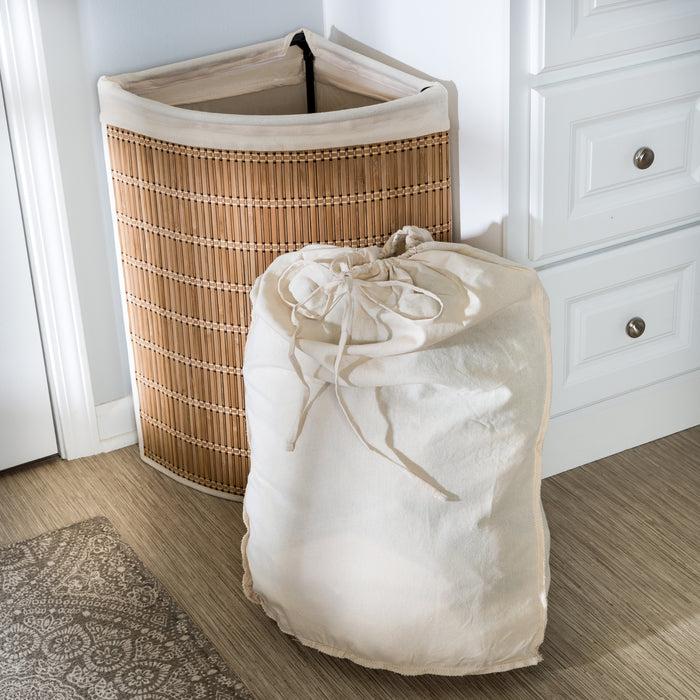 Honey Can Do Natural Bamboo Wicker Corner Hamper With Laundry Bag