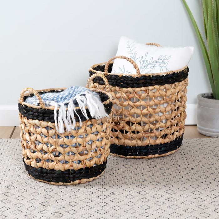 Honey Can Do Natural/Black Round Decorative Wicker Baskets With Handles (Set Of 2)