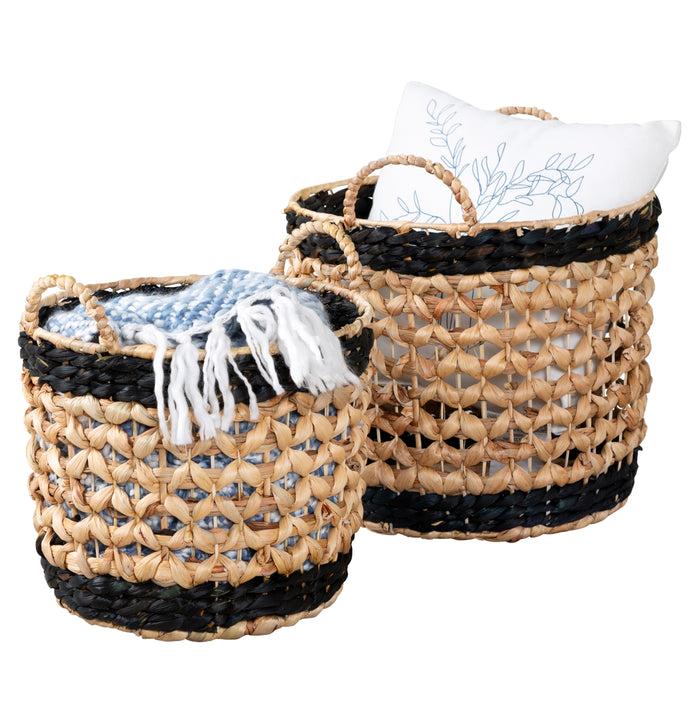 Honey Can Do Natural/Black Round Decorative Wicker Baskets With Handles (Set Of 2)