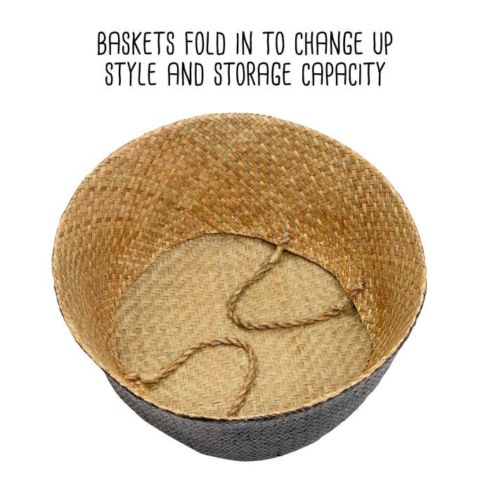 Honey Can Do Natural/Black Seagrass Folding Belly Baskets (Set Of 2)