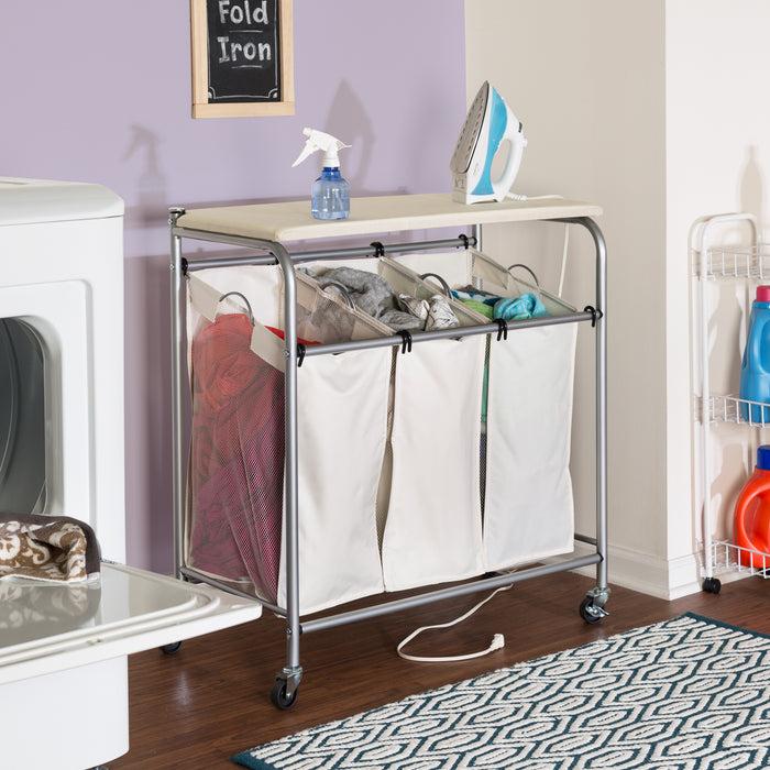 Honey Can Do Natural/Silver Rolling Triple Laundry Sorter With Ironing Board Top