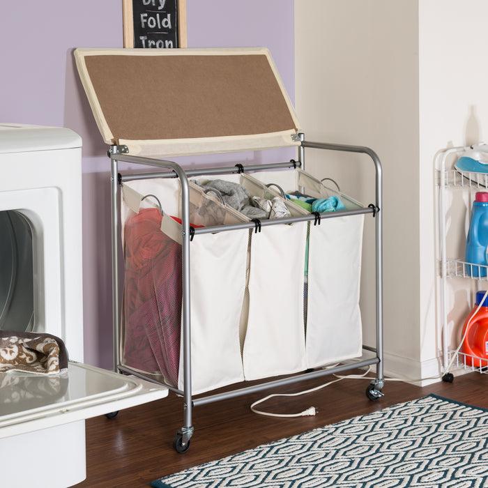 Honey Can Do Natural/Silver Rolling Triple Laundry Sorter With Ironing Board Top