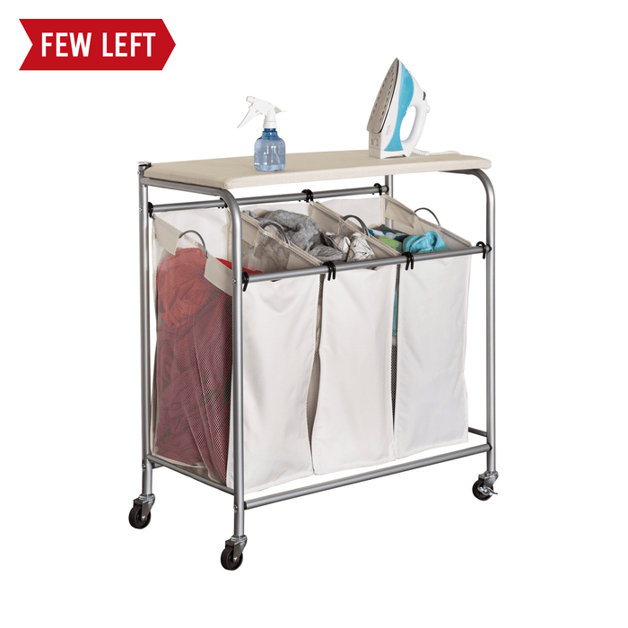 honey can do Natural/Silver Rolling Triple Laundry Sorter with Ironing Board Top