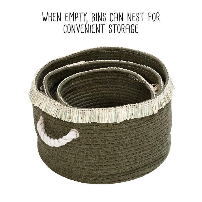 Honey Can Do Olive Green/White Cotton Rope Nesting Baskets With Fringe (Set Of 3)