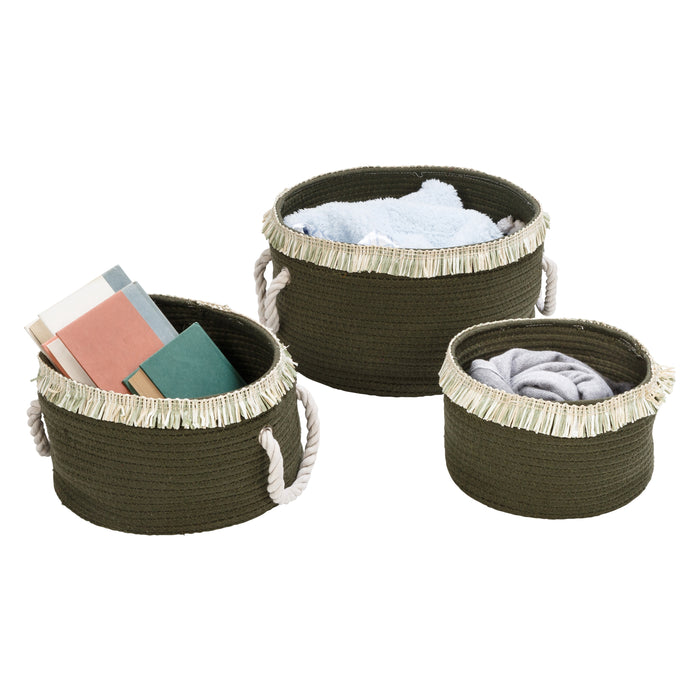 honey can do Olive Green/White Cotton Rope Nesting Baskets with Fringe (Set of 3)