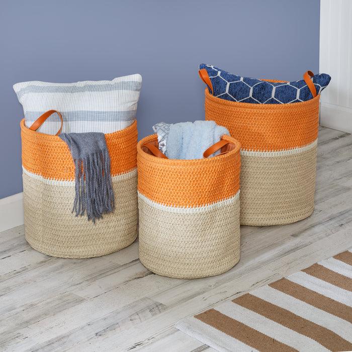 Honey Can Do Orange/Natural Paper Straw Nesting Baskets With Handles (Set Of 3)