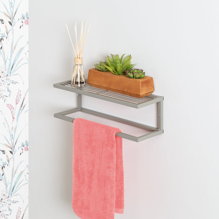 Honey Can Do Satin Nickel Slatted Bath Shelf With Towel Bar