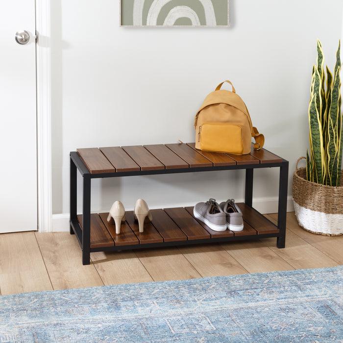 Honey Can Do Walnut/Black 2-Tier Shoe Storage Bench