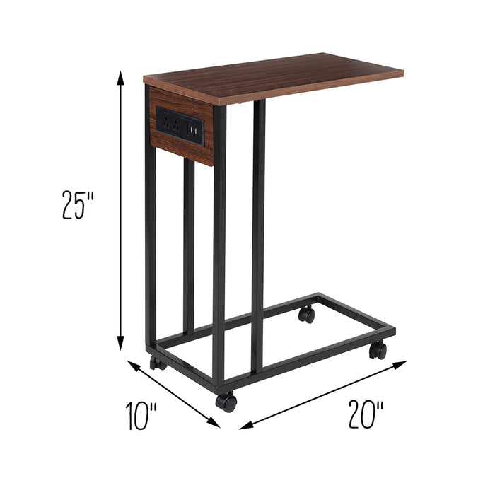 Honey Can Do Walnut/Black C-Shaped Side Table With Outlets And Wheels