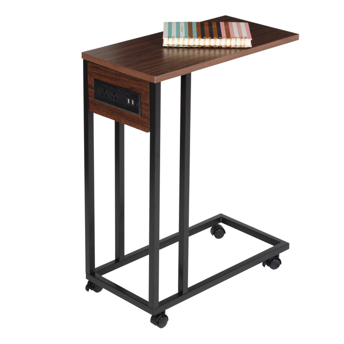 Honey Can Do Walnut/Black C-Shaped Side Table With Outlets And Wheels