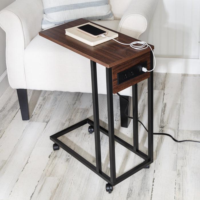 Honey Can Do Walnut/Black C-Shaped Side Table With Outlets And Wheels