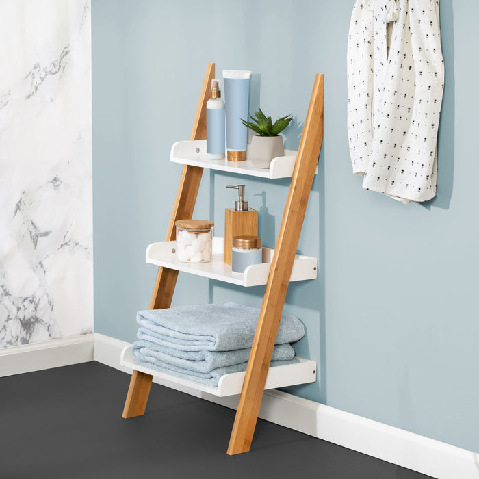 Honey Can Do White/Bamboo 3-Tier Bath Leaning Ladder Shelf