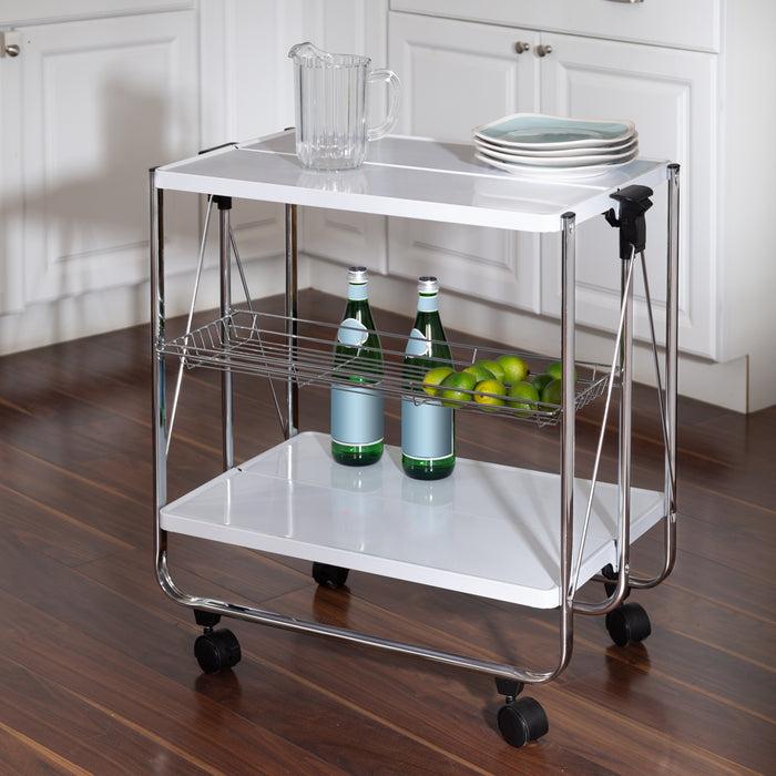Honey Can Do White/Chrome Folding Kitchen Cart With Metal Basket