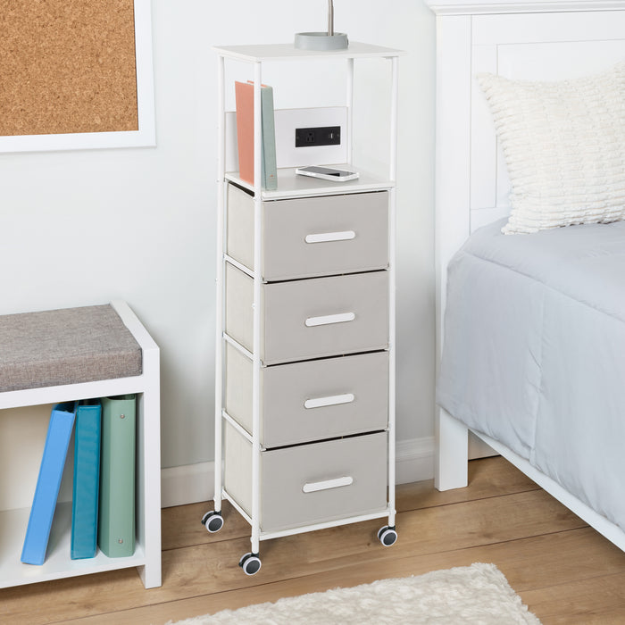 Honey Can Do White/Gray Dorm 4-Drawer Bedside Charging Storage Cart