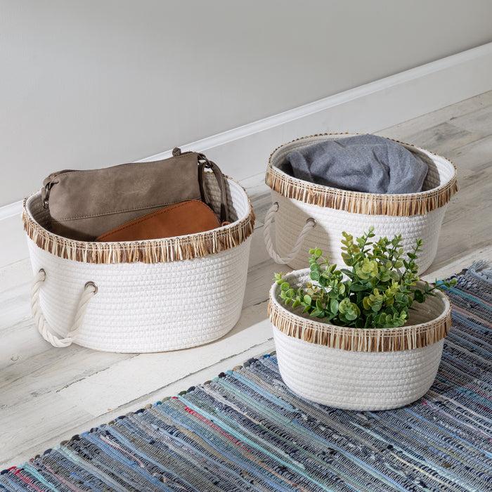 Honey Can Do White/Natural Cotton Rope Nesting Baskets With Fringe (Set Of 3)