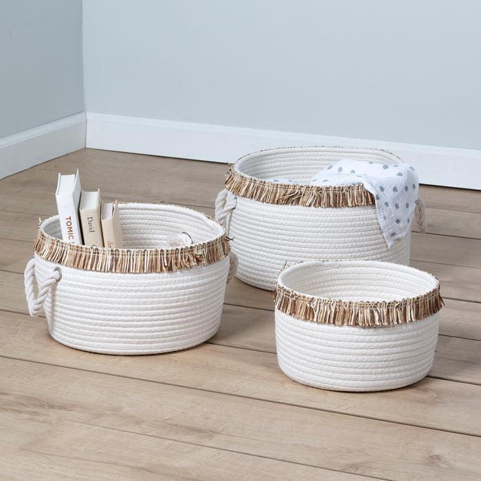 Honey Can Do White/Natural Cotton Rope Nesting Baskets With Fringe (Set Of 3)