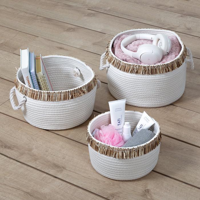 Honey Can Do White/Natural Cotton Rope Nesting Baskets With Fringe (Set Of 3)