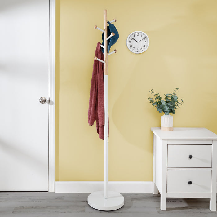 Honey Can Do White/Natural Freestanding Modern Coat Rack With 6 Hooks