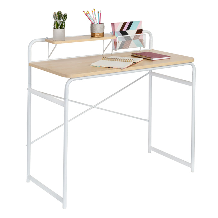 honey can do White/Natural Home Office Desk with Shelf and Basket