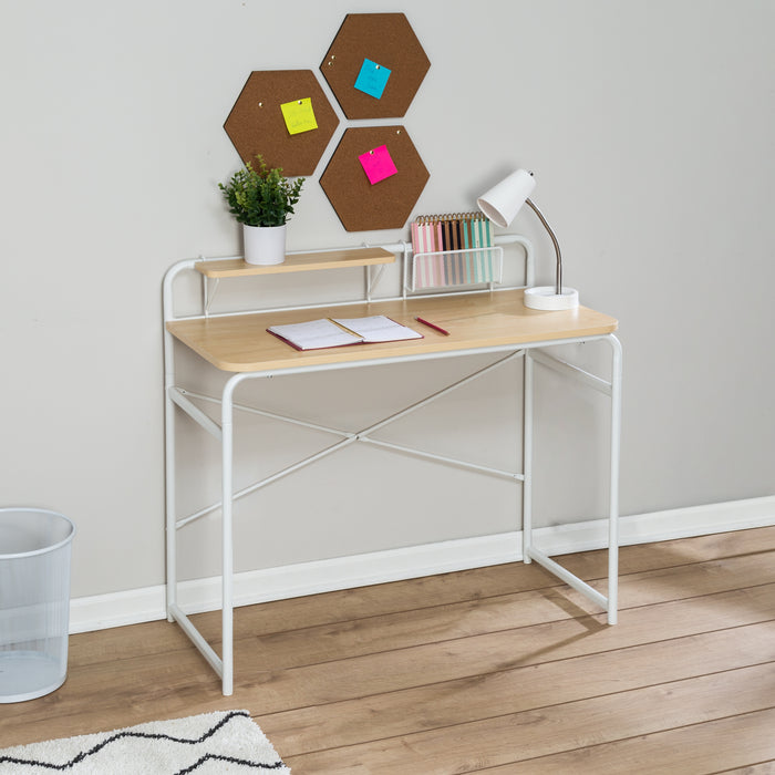 Honey Can Do White/Natural Home Office Desk With Shelf And Basket