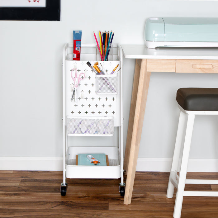 Honey Can Do White Steel 3-Tier Craft Or Makeup Organizer Cart With Side Storage