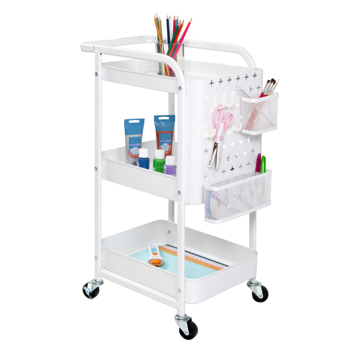 honey can do White Steel 3-Tier Craft or Makeup Organizer Cart with Side Storage