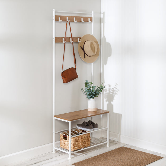 Honey Can Do White/Walnut Entryway Hall Tree With Bench And Shoe Storage