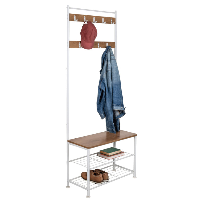honey can do White/Walnut Entryway Hall Tree with Bench and Shoe Storage