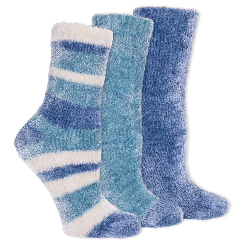 hot sox Dr. Scholl's Women's Soothing Spa Chenille Gripper Crew Socks 3 Pair Pack - Lavender & Vitamin E Infused Cozy Comfort Blue
