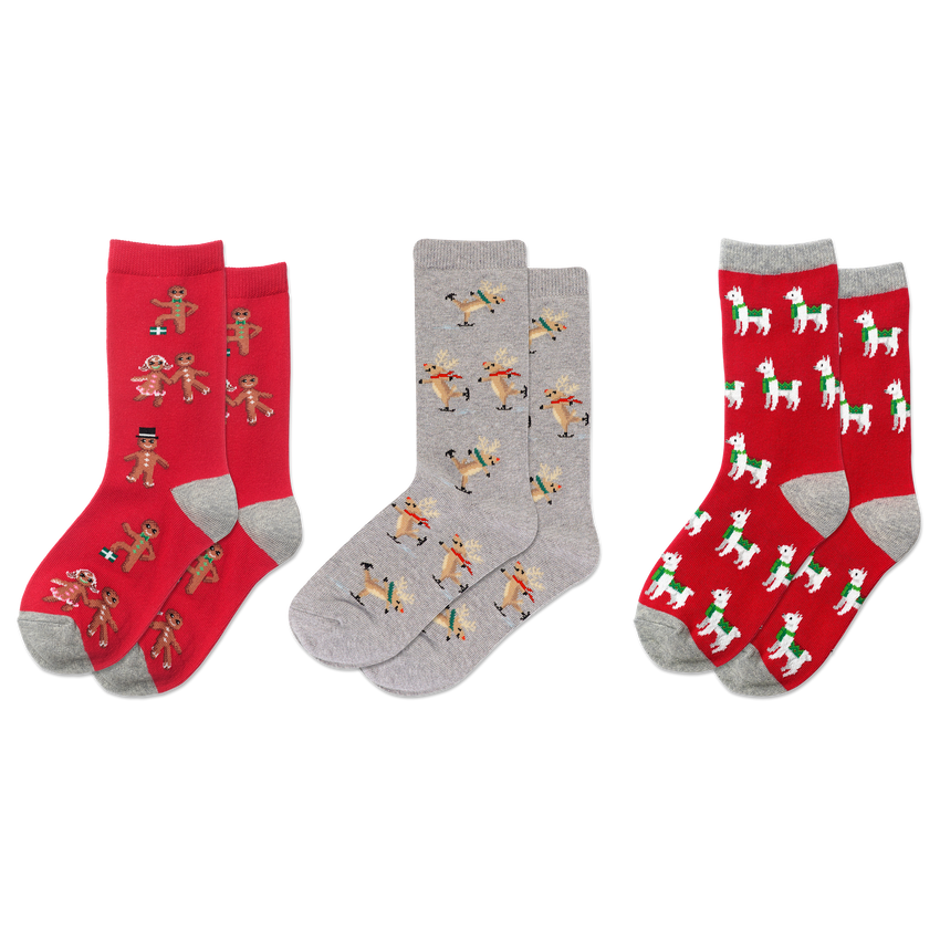 hot sox HOTSOX Kid's Holiday Gingerbread Llamas Ice Skating Reindeer Crew Socks 3 Pair Pack Gray