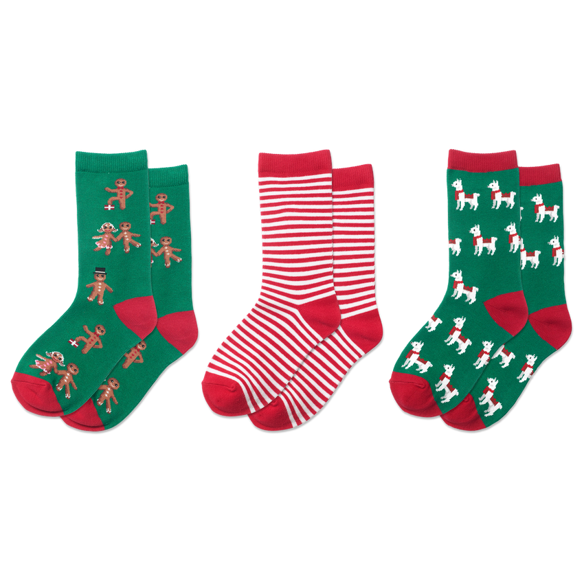 hot sox HOTSOX Kid's Holiday Gingerbread Llamas Stripe Crew Socks Gift Box RED